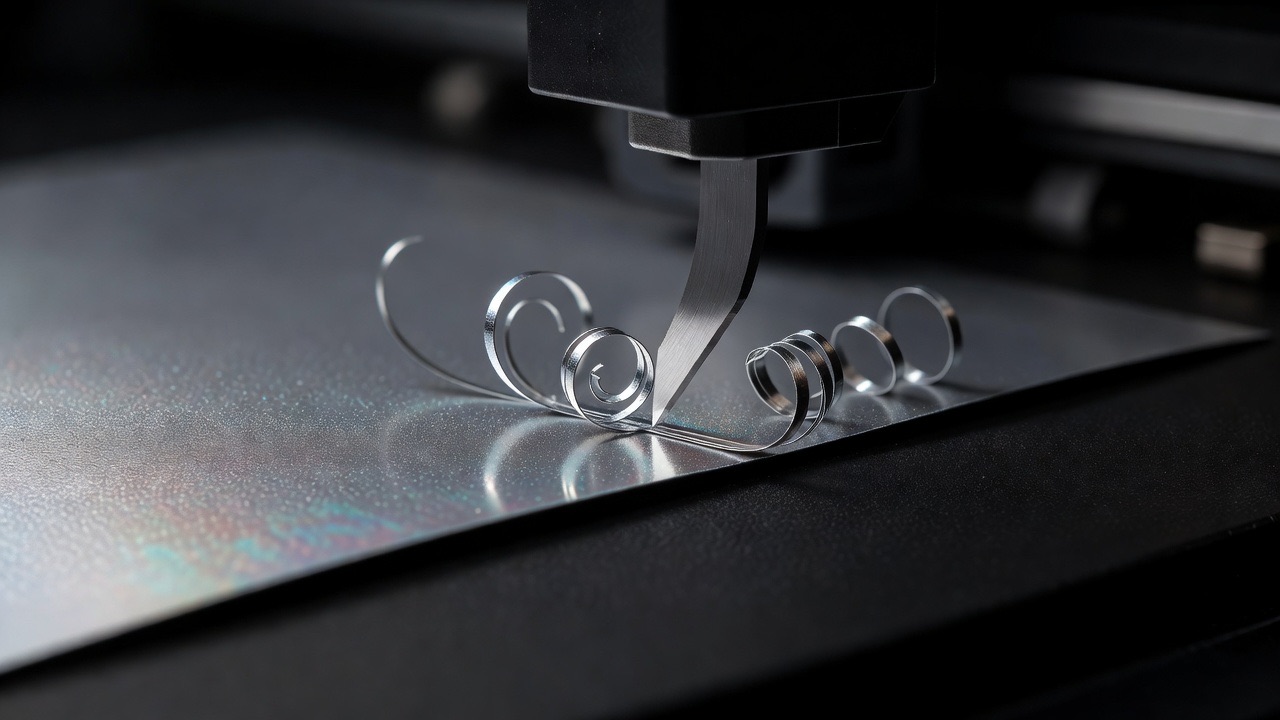 A plotter blade cutting metallic silver vinyl, fine curls of cut film on a black backing sheet